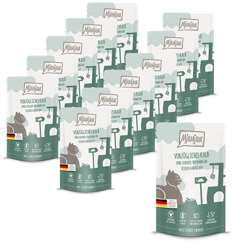 MjAMjAM - nourriture humide premium pour chats - Quetschie - excellent veau et dinde avec de délicieuses carottes, paquet de 12 (12 x 125 g), sans céréales avec supplément de viande