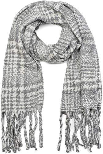 styleBREAKER Unisex XXL Schal mit Karo Muster und langen Fransen, Winter Strickschal 01017102, Farbe:Grau-Weiß