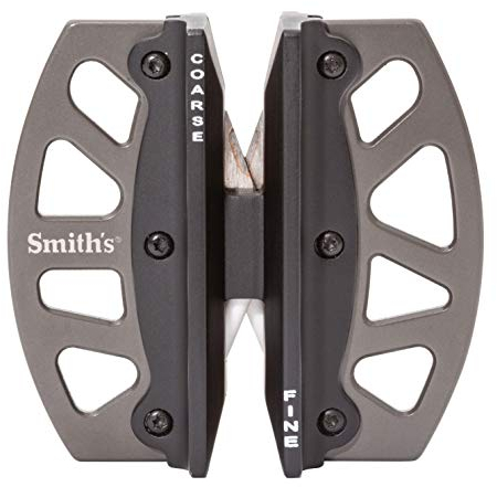 Smith's 51106 - Afilador de cuchillos de acero inoxidable de 2 pasos, color gris, ranuras gruesas y finas preestablecidas, afilador de cuchillos de mano para exteriores, pesca, caza, filete, cuchillos
