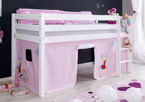 Froschkönig24 Hochbett Alex Kinderbett Spielbett Bett Weiß Stoffset Prinzessin, Matratze:ohne