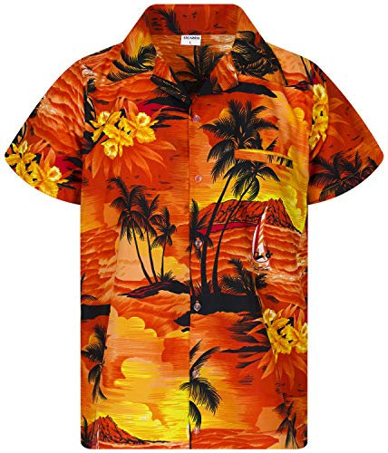 King Kameha Men's Surf-Shirt Short-Sleeve Casual-Button-Down Hawaii-Vacation, Surf, Orange, XS