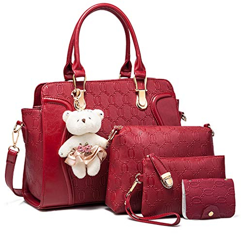 Pahajim Handtasche Damen Mittelgroß Elegant Taschen Set für Damen 4 Teile, Frauen Handtaschen Set mit Geldbörse Umhängetasche PU Leder Modern Handbags for Women (Rot)