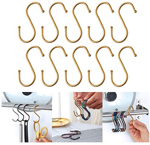 10 Pack 3.2S-Hooks, Buyer Star Stainless Steel S Shape Hooks Metal Hangers Hanging Hooks for Kitchen, Work Shop, Bathroom, Garden(Gold)