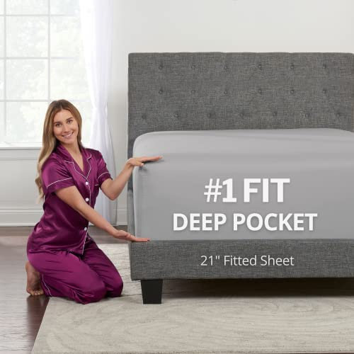 Queen Fitted Sheet Only Deep-Pocket - Extra Deep Pocket Queen Fitted Sheet - 53,3 cm Fitted Sheets Perfectly Fit 17 - 23 Deep Mattress & Toppers - Lovely Feel - 1 Bottom Sheet Queen Size - Calm Grey