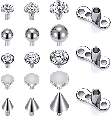 14G Acier Chirurgical Fileté en Interne Dermal Anchor Base Microdermals Piercing pour Femmes Hommes, 14-19Pcs Cubique Zircone Dermal Anchor Tops 2.5mm 3mm 4mm (A)
