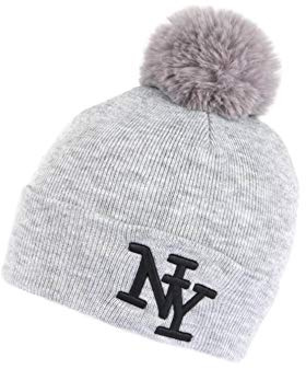 Hip Hop Honour Mütze mit Bommel NY grau und schwarz aus Wolle, trendiger Katzen-Look – Unisex Gr. Einheitsgröße, grau