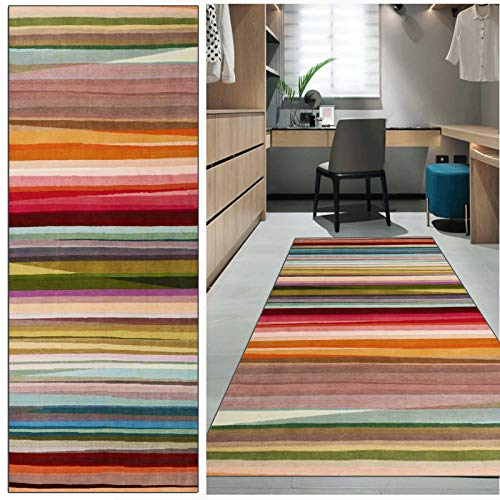 FKYUH Teppich Läufer Flur rutschfest Retro abstraktes Farbstreifen Küche Schlafzimmer Wohnzimmer Polyester Verblassen Anpassbare Größe (Color : A, Size : 60x100cm)
