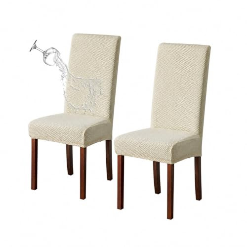 KELUINA Stretch Stuhlhussen Jacquard, Cremeweiß, 2 Stück | Wasserabweisender Stretch-Jacquard schützt Esszimmerstühle vor Flecken und frischt Küche, Hotel und Bankett auf.