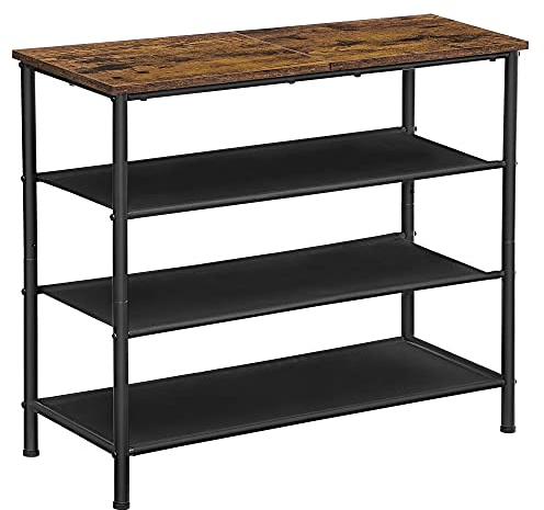 VASAGLE Shoe Rack 4 Tier, Narrow Shoe Storage Organiser, with 3 Fabric Shelves and Top for Bags, Steel Frame, for Entryway, Closet, Industrial, Rustic Brown and Black LBS035B01