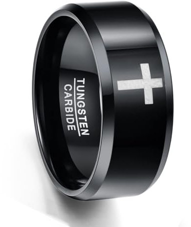 TUNGSTORY Wolfram Ring Herren 10mm Schwarz Kreuz Ring Christlicher Schmuck Größe 62(19.7)