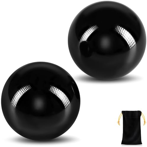 Learay 2 Pcs Black Obsidian Baoding Balls, Traditional Chinese Balls for Hand Therapy, Health Exercise Massage Balls with Carry Pouch for Stress Relief Hand Exercise Meditation(Black/1.57 inch)
