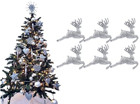 Simply Products Pack of 6 - Hanging Glitter Reindeer Christmas Tree Decorations - 2.2cm x 9.5cm (Silver)