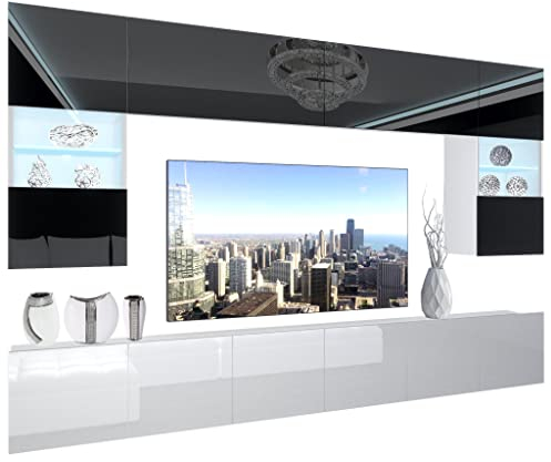 BELINI Wohnwand Vollausstattung Wohnzimmer-Set Moderne Schrankwand mit LED-Beleuchtung Anbauwand TV-Schrank Schwarz/Weiß