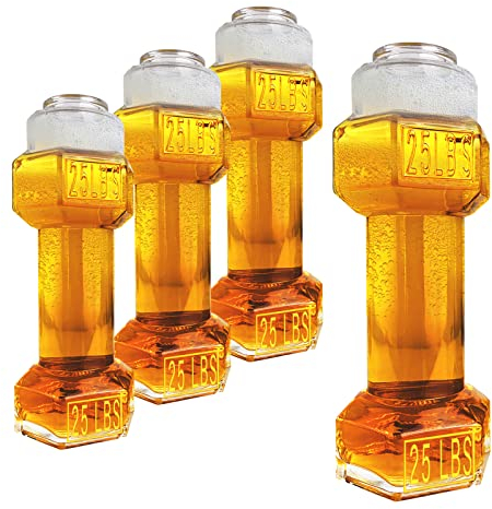 Dumbbell Beer Glasses, Giant Lifting Beers 26oz Glass | Large Weightlifting to Scale Funny Beer Mug | Birthday, Christmas Men & Women, Dad Cool Whiskey & Water Glasses Perfect, Gifts - 4 Set