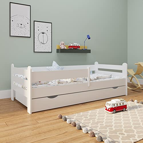 Kids Collective Kinderbett Jugendbett 90x200 cm mit Rausfallschutz | inkl. Lattenrost & Schublade in weiß | Mädchen Jungen Bett skandinavisch | von 4. bis 18. Lebensjahr