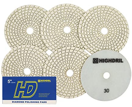 HIGHDRIL Almohadillas Pulido Diamante Húmedas - 6piezas #30 Almohadillas Lijado 125mm para Granito Piedra Mármol Suelo Grinder Pulir Almohadilla Kit para Taladro, Amoladora, Pulidora