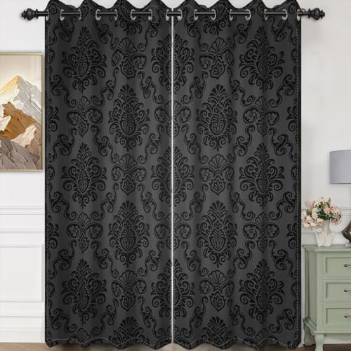Umpoo Schwarzer Damast-Vorhang mit Blumenmuster, Vintage-Stil, klassisches Blumenmuster, bedruckte Vorhänge, 132 x 183 cm, Fenstervorhang-Set für Wohnzimmer, Schlafzimmer, Küche, Dekoration, 2 Paneele