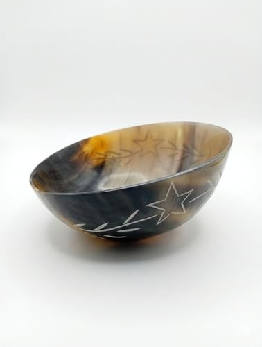AYZCORP Hand Carved Natural Horn Bowl White Stars Carved Design Horn Bowl Viking Norse Medieval |HORN BOWL | Hand Crafted for SERVING & SHAVING BOWLS gift for mother, father Husband (STAR WITH VINES)