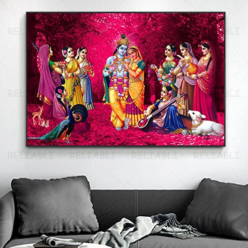 Dittelle Radha Krishna Leinwand Gemälde Wandkunst Hindu Vishnu Poster Abstrakt Blau Indien Poster für Wohnzimmer Wohnkultur 23.6x 35.4(60x90cm) Kein Rahmen