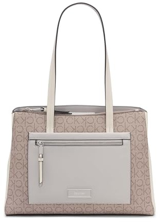Calvin Klein Damen Tote Bag – 2 in 1, Vegan Leather, 5 Pockets Hadley Tragetasche mit 3 Fächern, Mandel/Taupe/Cherub White/Dove