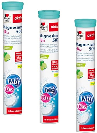 Doppelherz Magnesium 500 + B12 - mit Magnesium & Vitamin B12 zur Unterstützung der normalen Muskelfunktion - vegan - 15 Brausetabletten mit Limetten-Geschmack (Packung mit 3)
