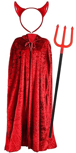 Adults Devil Costume Set - Red Velour Cape, Red Devil Horn Headband and 4 Piece Plastic Devil Fork Trident - Perfect for Devil Dress Up and Halloween Fancy Dress Events