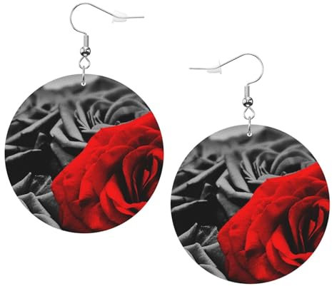 OPSREY Schwarz Weiß und Rot Rosen gedruckt Mode Runde Ohrring Leder Ohrstecker Baumeln Dekorative Ohrring, Einheitsgröße, Kunstleder