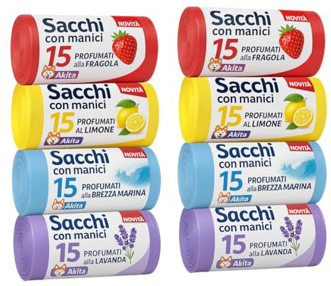 Akitaink Sacchi spazzatura Antiforo con Manici - Profumati - 120 pz da 45L | Misure 55x70cm | Vari Profumi: Brezza Marina, Fragola, Limone e Lavanda Made in Italy