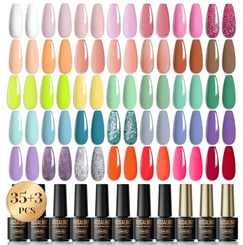 ROSALIND UV Nagellack Set, 35+3 Stück Gel Nagellack Weiß Nackt Braun Rosa Grün Blau Glitzer Farbgel Gelnägel für Nagelstudio Design Starter Maniküre Geschenkset