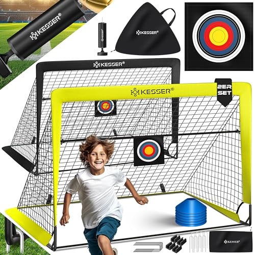 KESSER® Fußballtor Kinder Pop-Up 2er Set | Fußball-Tore Faltbar mit Glasfaserstangen & hochwertigen Tornetzen für Indoor, Outdoor & Garten | Mit Transporttasche 6X Hütchen Ballpumpe Zielscheibe Gelb