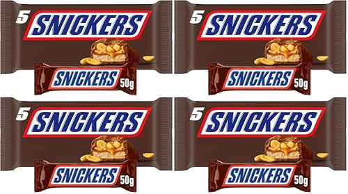 Snickers Schokoriegel, Erdnüsse, Karamell, Eine Packung á 5 Riegel | Fußball Snack | (1 x 5 x 50 g) (Packung mit 4)