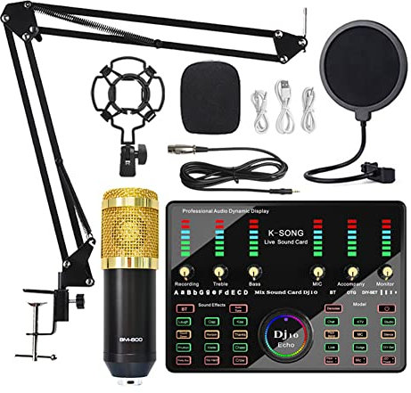 Tassety BM 800 Microphone Bluetooth Wireless Karaoke with Live Streaming DJ10 Sound Card for PC Phone Singing Gaming(Gold)