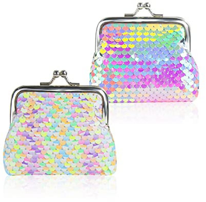 FuninCrea 2 Pièces Mini Porte Monnaie avec Paillettes Colorées, Petit Porte-Monnaie avec Serrure à Baiser, Petite Pochette à Monnaie Petit Pochette Portefeuille Sac à Monnaie pour Monnaie, Clés