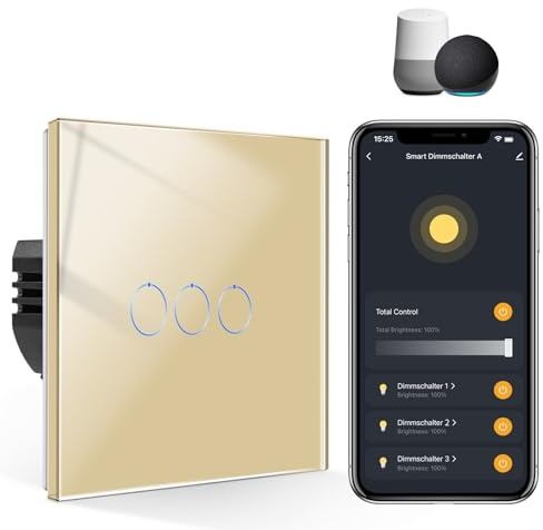 CNBINGO Triple Smart Dimmer Switch, Gold Glass WiFi Touch Light Switch | Voice Control by Alexa, Smart Life App, with Glass Wall Plate, Backlight, Neutral Wire Required, for Dimmable LED Light