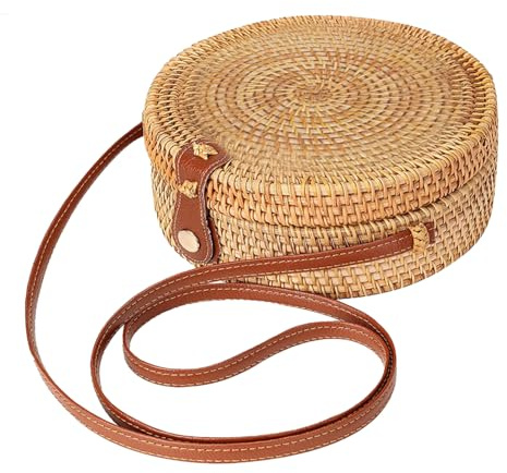 Rattan Crossbody Bag Round Rattan Bag Round Woven Shoulder Bag with Leather Strap and Buckle Fashionable Summer Beach Bag for Women Travel