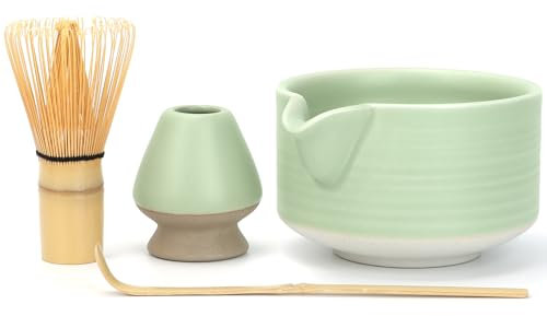 Ulable Matcha Komplettset, 4-teiliges Set inkl. Bambus Besen (75-80 Zinken), Keramik Schale, Chashaku & Ständer - Für Japanische Teezeremonie & Matcha Latte - Handmade aus Naturbambus
