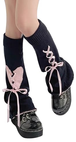 WODECASA Jambières Kawaii en tricot évasé pour fille - Manches longues - Style gothique - Crochet - Baggy, Lacets - Noir + Rose, taille unique