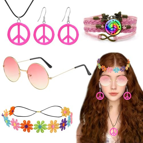 NebulaGlam Hippie Kostüm Set, 5 Stück Hippie Kleidung Damen Accessoires, 60er 70er Jahre Bekleidung, Friedenszeichen Halsketten, Kopfbedeckungen, Brillen, Armbänder, Ohrringe (Damen)