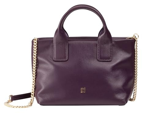 DUDU Kleine Damen-Umhängetasche aus echtem Leder, Elegante Mini-Abendtasche, 22 x 13 cm, doppelte Griffe, Kettenriemen, Reißverschluss Deep Purple