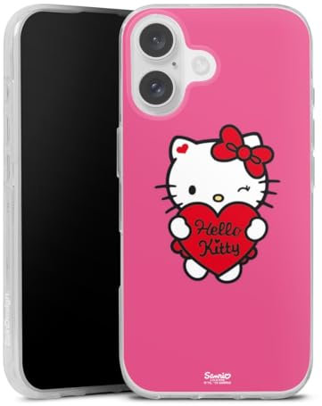 DeinDesign Silikon Hülle kompatibel mit Apple iPhone 16 Case transparent Handyhülle Hello Kitty Fanartikel Herz