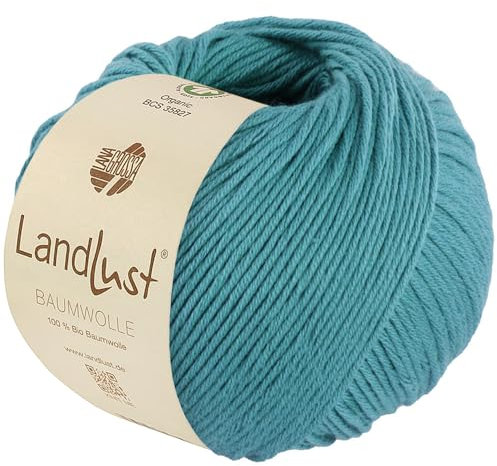 LANA GROSSA Landlust Baumwolle | Klassisches Bio-Baumwollgarn, Gots zertifiziert | Handstrickgarn aus 100% Baumwolle (Bio) | 50g Wolle zum Stricken & Häkeln | 115m Garn FB 28 Türkis