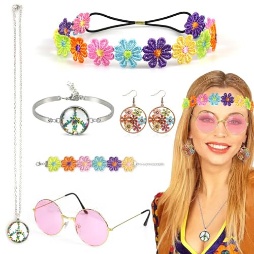 Oerphh 7 Stück 70er Hippie Flower Power Accessoires Hippie Kostüm Set mit Halskette,Ohrringe,Stirnband,Armband,Sonnenbrille,60er 70er Jahre Bekleidung Damen für Disco Party,Cosplay (Mehrfarbig-02)