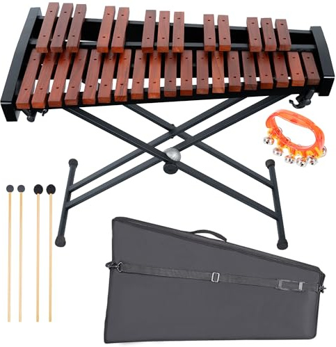 32 Töne Xylophon Professionelles Holz-Glockenspiel Xylophon mit verstellbarem Ständer - Premium Musikinstrument inklusive 4 Schlägel, Handglocke & Tasche