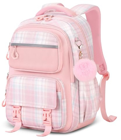 Tanou Zaino per Scuola Ragazze Zaino Grande Scuola Elementare e Media Zaini Bambina Ergonomico a Quadri Impermeabile Borsa Casual da Viaggio, Rosa