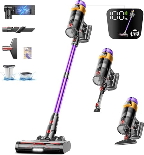 Akku Staubsauger 50000Pa/600W/65Mins 1,8L Staubsauger Kabellos mit OLED-Display. Verwicklungsfrei Staubsauger,8-lagige Filterung,geeignet für Hartböden, Teppiche und Tierhaare