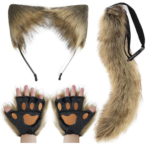 DRESHOW Wolf Fuchs Fellschwanz Ohren Stirnband und Handschuhe Set Cosplay Party Kostüm Super riesigen flauschigen Schwanz für Frauen