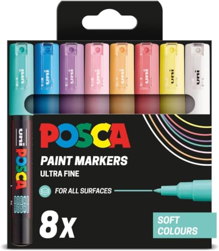 POSCA PC-1M Extra-Fine Tip Acrylic Paint Marker Pens, Soft Colours (8-Pack) | 0.7–1 mm Extra Fine Tip, Ideal for All Surfaces, Water-Based, Eco-Friendly