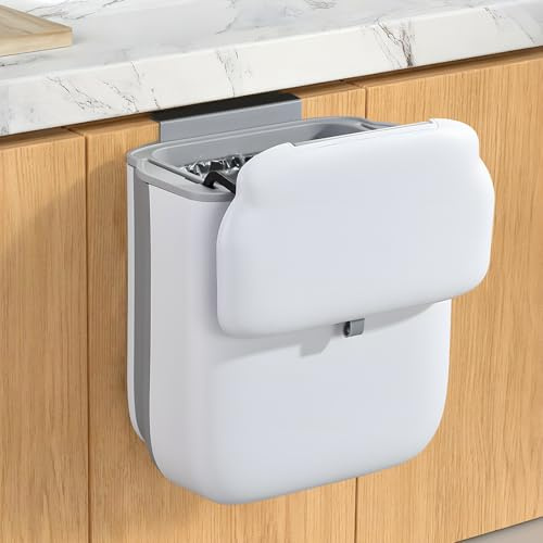 Newthinking Kitchen Food Waste Bin, 10L Foldable Plastic Cupboard Bin with Slide Lid, Hanging Cupboard Door Trash Can for Kitchen, Camping, RV, Easy to Clean