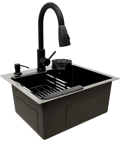 Küchenspüle 45x40cm Edelstahl Spülbecken mit Pull-Out Hahn und Seifenspender Abtropfkorb, Einbauspüle Schwarz für 42 cm Breite Unterschränke