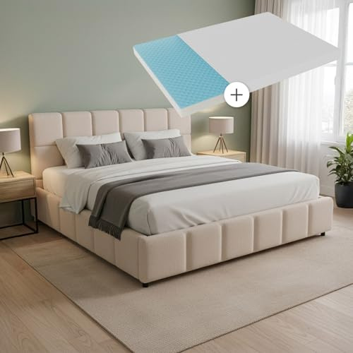 Juskys Polsterbett Florenz 180 x 200 cm mit Matratze – Bouclé, modernes Bett mit Kopf- & Fußteil, stabilem Holz- & Metallrahmen, Lattenrost, 500 kg Tragkraft – Beige